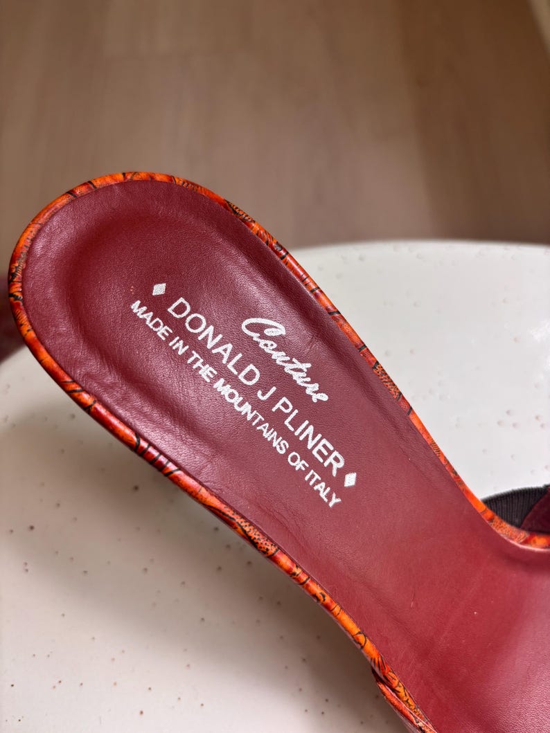 May include: The interior footbed of a shoe featuring a deep burgundy color. The text reads Couture DONALD J PLINER MADE IN THE MOUNTAINS OF ITALY. The edge of the footbed is trimmed with an orange and black patterned material with a textured finish.