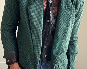 1990s Black and Emerald Green Houndstooth Small Blazer by A Byer Made in USA