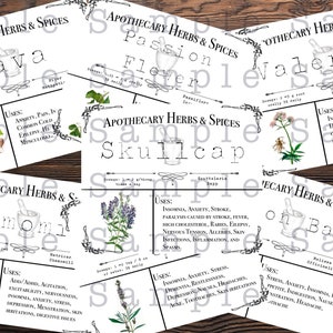 May include: A set of eight white cards with black text and illustrations of herbs and spices. Each card features a different herb or spice, including Kava, Passion Flower, Valerian, Skullcap, Chamomile, Lemon Balm, and Cinnamon. The cards list the uses of each herb or spice, such as anxiety, pain, insomnia, and stress.