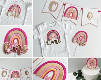 Rainbow boho pink Bundle, one birthday package, rainbow pink one cake smash set, rainbow one 1st birthday