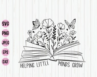 Może przedstawiać: Czarno-biała ilustracja liniowa otwartego tomu z kwiatami i motylami rosnącymi z jego stron. Pod książką widnieje tekst "Helping Little Minds Grow".