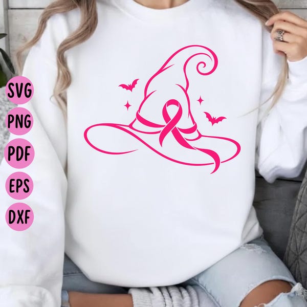 Breast Cancer Witch Hat SVG: Pink Ribbon Halloween Awareness Shirt Design Digital Download