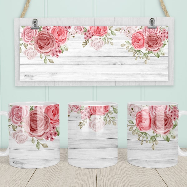 Floral Sublimation Mug, 11oz Mug Floral Wrap Sublimation, Watercolor Flowers Coffee Mug PNG File, Digital Download