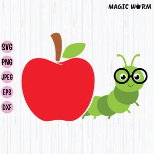 May include: A red apple with a green leaf and a green worm wearing glasses. The worm is smiling and has a green body with black eyes and glasses. The text "MAGIC WORM" is in the top right corner of the image.