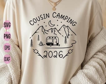 Cousin Camping SVG: Familientreffen, Vintage-Wohnwagen in den Bergen, T-Shirt-Design für Outdoor-Campingausflüge, Digitaler Download