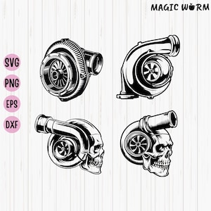May include: Four black and white illustrations of turbochargers. Two of the turbochargers are standalone, and two of the turbochargers are attached to a skull.