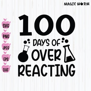 May include: Black and white graphic design with the text "100 days of over reacting" and two beakers. The text is in a bold, sans-serif font.