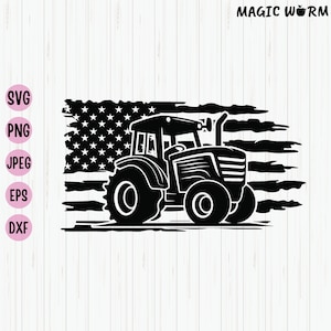 May include: Black and white silhouette of a tractor driving in front of a distressed American flag.