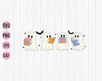 Ghost Reading Books SVG, Halloween Bookworm Clipart (Digital Download)