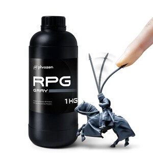 May include: A 1 kg bottle of Phrozen RPG Gray resin for 3D printing. The bottle is black with white text and a gray stripe. The resin is suitable for Phrozen 3D printers.