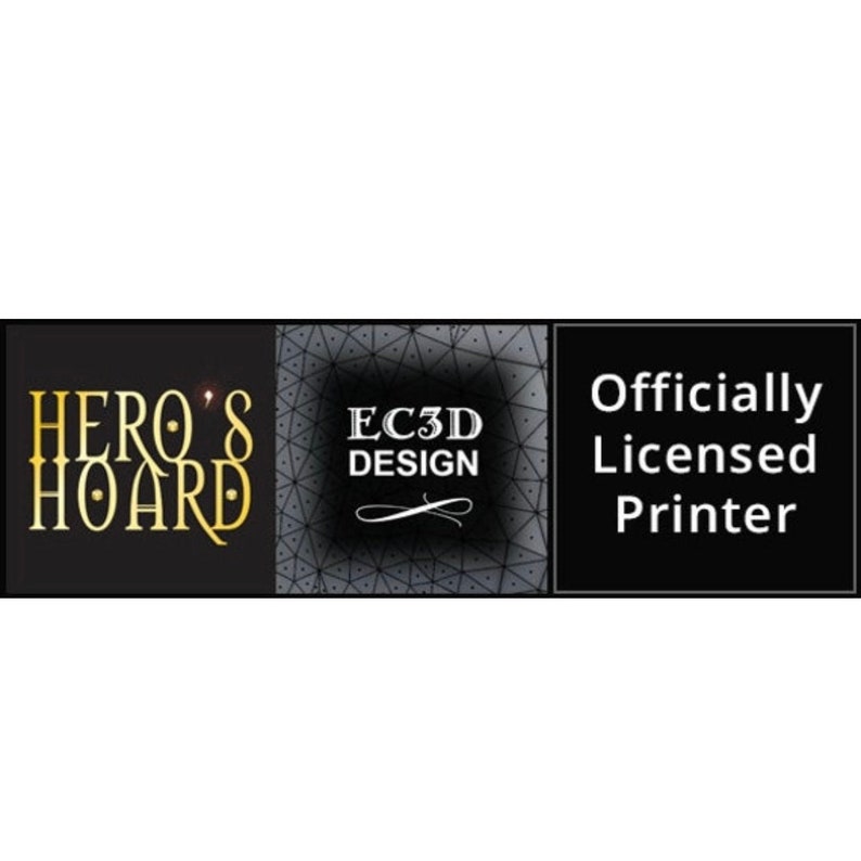 May include: Black and gold logo with the text "HERO'S HOARD" in a stylized font. The logo is next to a black and white geometric pattern with the text "EC3D DESIGN" in white. The right side of the image has a black background with the text "Officially Licensed Printer" in white.