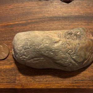 May include: A weathered, grey-toned rock with a textured surface, next to a British penny. The rock has a rounded shape and is set against a dark wood grain background. The penny is a copper colour.