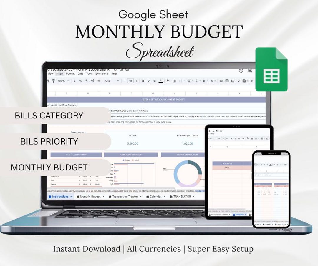 Monthly Budget Spreadsheet | Google Sheets & Excel (digital Download ...