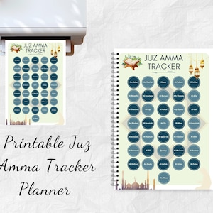 May include: A printable Juz Amma Tracker Planner. The planner features a grid of circles with Arabic text, a decorative border, and the words "Juz Amma Tracker". The design includes illustrations of a mosque and lanterns.
