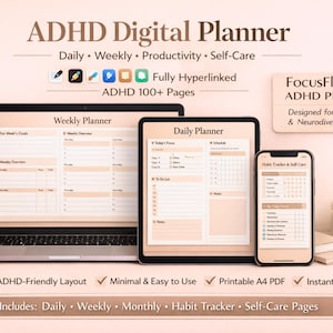 Puede incluir: Un planificador digital para TDAH que se muestra en una computadora portátil, tableta y teléfono inteligente. Las pantallas muestran diseños diarios, semanales y de seguimiento de hábitos. El texto incluye "ADHD Digital Planner" y "FocusFlow ADHD Planner".