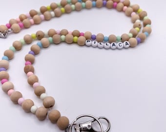 Personalized Wooden Beaded Lanyard: Rainbow Teacher ID Holder