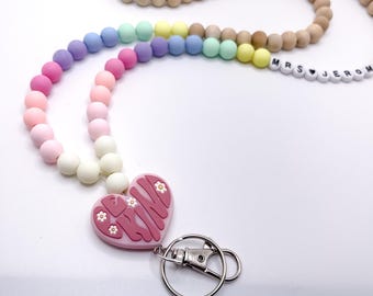 Personalized Rainbow Beaded Lanyard: Teacher ID Holder