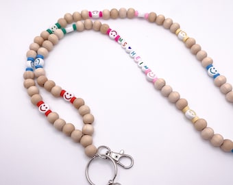 Personalized Rainbow Smiley Face Lanyard, Wooden Beaded ID Badge Holder