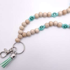 Personalized Smiley face Lanyard /Breakaway Teacher Lanyard/ Custom wooden Lanyard / Lanyard with ID Holder / boho Lanyard / Teacher Gift
