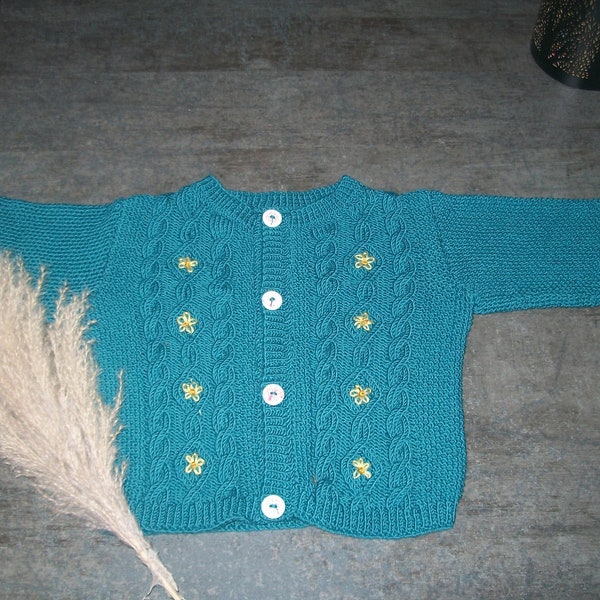 cardigan tricoté main, gilet fille 100% MERINOS, 6 mois