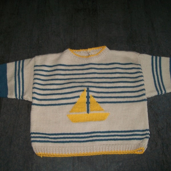 Pull marin tricoté main, taille 9 à 12 mois, fille ou garçon