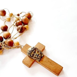 rosario grande de madera para decorar pared, rosario grande de madera, rosarios vintage, rosario de pared, cuentas de madera, decoracion religiosa, catolico