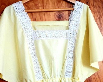 Vintage Style Cotton Lace Nightdress Short sleeve,size L,Nightgown with Lace and Straps, Bridal Nightgown,Vintage Nightgown,yellow nightgown