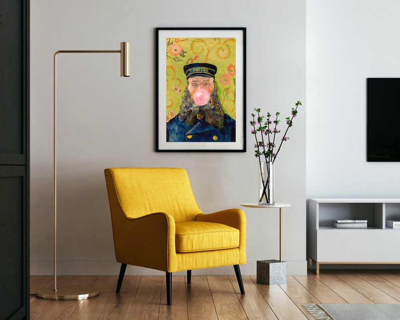 Postman Bubblegum,Eclectic Wall Art,Alter Art Print,Funny Vintage Altered Art Portrait,Bubblegum Art,Famous Painting,Van Gogh Poster Print image 4
