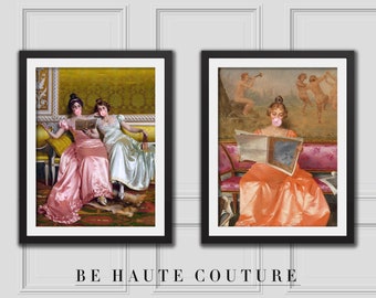 Set Of 2 Prints w/ Ladies Blowing Bubblegum, Eclectic Wall Art,Altered Art Print,Funny Vintage Altered Art Portrait,Bubblegum Art,Pink Print