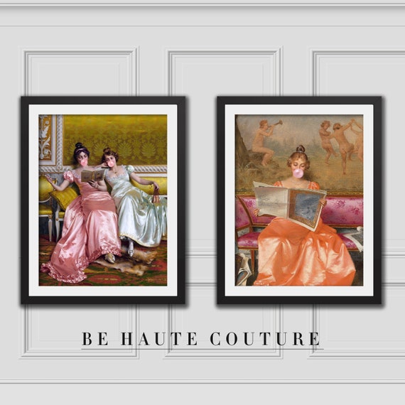 Set Of 2 Prints w/ Ladies Blowing Bubblegum, Eclectic Wall Art,Altered Art Print,Funny Vintage Altered Art Portrait,Bubblegum Art,Pink Print