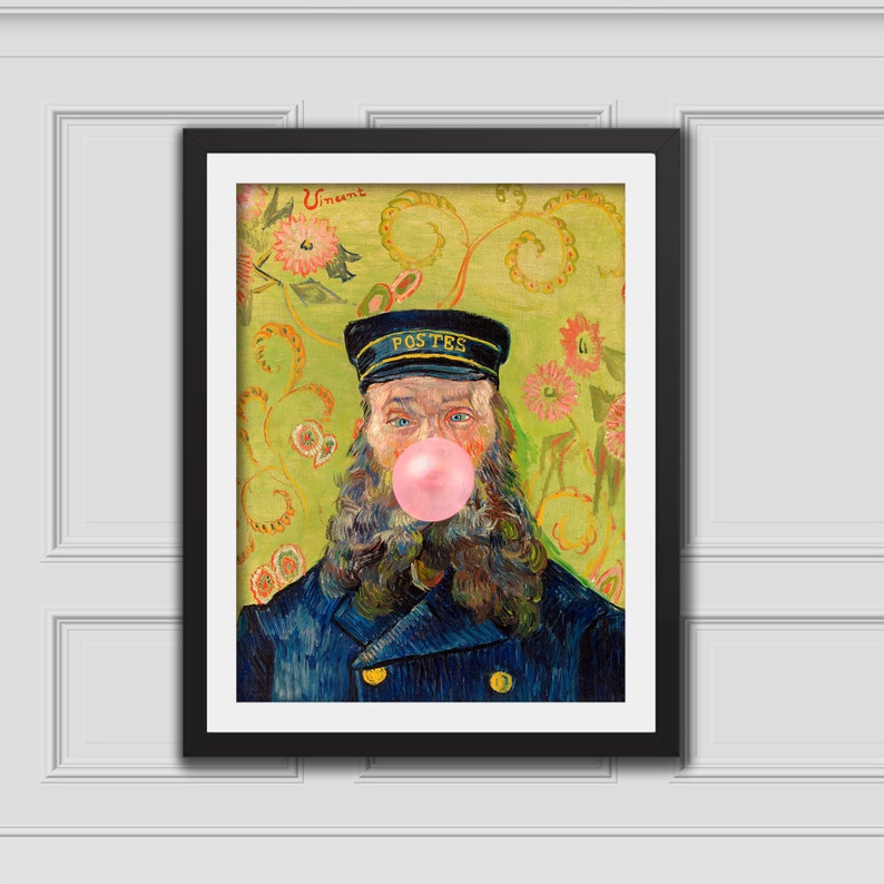 Postman Bubblegum,Eclectic Wall Art,Alter Art Print,Funny Vintage Altered Art Portrait,Bubblegum Art,Famous Painting,Van Gogh Poster Print image 1