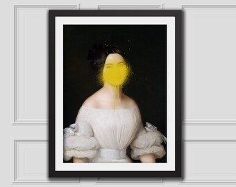 ゴールドペイントスプラッタープリントの貴婦人、改造アートポートレート、改造ヴィンテージアート、折衷的な壁、ルネッサンスアートプリント、ゴールドアートプリント、クラシックな改造