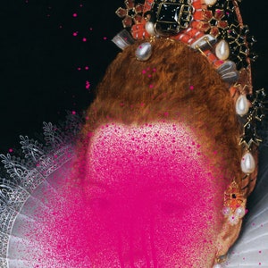 May include: A close-up of a woman's face, obscured by a pink spray paint effect. She is wearing a crown of jewels and a white lace collar.