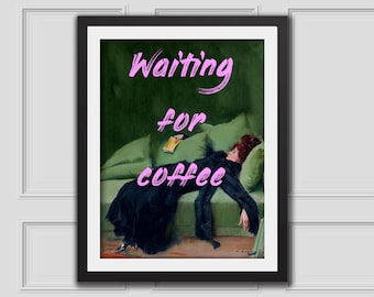Wachten op koffie print, impressionisme olieverfschilderij, woonkamer inrichting download afdrukbare, eclectische muur kunst, mode print, eclectische Alter Art