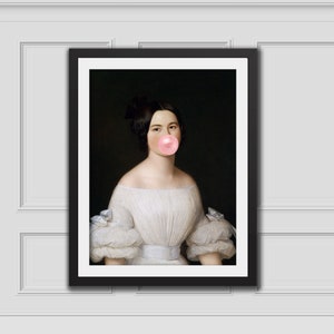 Dame w/ Bubblegum,Eclectic Wall Art,Alter Art Print,Funny Vintage Altered Art Portrait,Bubblegum Art,Pink Print,Rococo Oil Painting,Classic