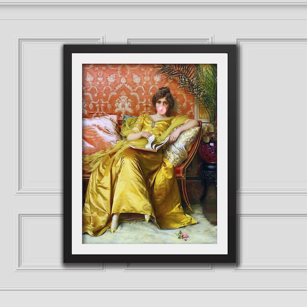 Robe d’or Lady Bubblegum, Art mural éclectique, Impression d’art modifiée, Portrait d’art modifié vintage drôle, Art Bubblegum, Impression rose, Impression d’art rococo