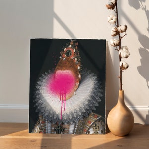May include: A portrait of a woman wearing a white lace collar and a jeweled crown. Her face is obscured by a pink spray paint splatter.
