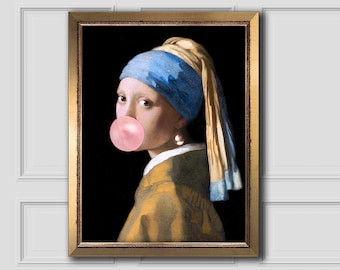 Pink Bubble Gum Poster Blowing Alter Art Portrait Girl With Pearl Pink Bubble Gum Poster Blowing Alter Art Portrait Girl With Pearl