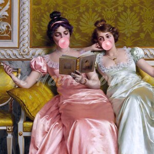 Set Of 2 Prints w/ Ladies Blowing Bubblegum, Eclectic Wall Art,Altered Art Print,Funny Vintage Altered Art Portrait,Bubblegum Art,Pink Print image 9