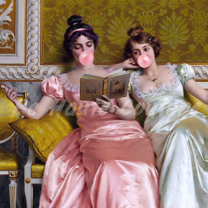Set Of 2 Prints w/ Ladies Blowing Bubblegum, Eclectic Wall Art,Altered Art Print,Funny Vintage Altered Art Portrait,Bubblegum Art,Pink Print image 9