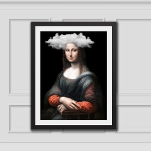 May include: A painting of the Mona Lisa with a white cloud over her head. The painting is framed in black and set against a black background.