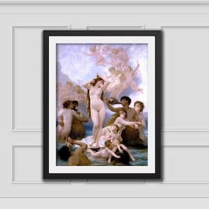 May include: A painting depicting a group of figures in a seascape. A woman with long flowing hair stands on a seashell, surrounded by other figures, including a man with a beard and a woman with a crown of flowers. The painting is done in a classical style and features a soft palette of colours.