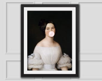 Dame w Soft Pink Bubblegum,Eclectic Wall Art,Alter Art Print,Funny Vintage Altered Art Portrait,Bubblegum Art,Pink Print,Rococo Oil Painting
