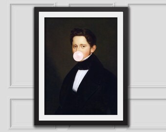 Portrait Of A Man Bubblegum Eclectic Wall Art,Alter Art Print,Funny Vintage Altered Art Portrait,Bubblegum Art,Pink Print,Rococo Painting