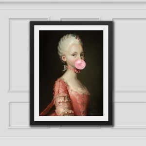 Young Lady w Bubblegum, Impression d’art altérée, Impression d’art de la Renaissance moderne, Bubble Gum d’art vintage modifié, Art mural éclectique, Décoration intérieure éclectique