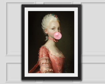 Junge Dame mit Bubblegum, Veränderter Kunstdruck, Moderner Renaissance Kunstdruck, Veränderter Vintage Kunst Bubble Gum, Eklektische Wandkunst, Eklektisches Wohndekor