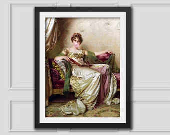 Lady Holding A Book And Blowing A Bubblegum, Eclectic Wall Art, Altered Art Print, Rococo Oil Painting
