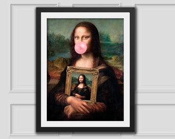 Mona Lisa Bubblegum Holding Mona Lisa Painting,Eclectic Wall Art,Alter Art Print,Alter Painting,Alter Vintage Art,Eclectic Decor,Famous Art
