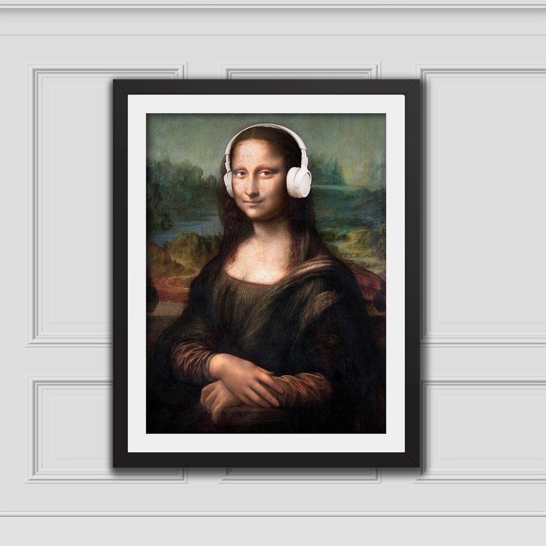 Mona Lisa Headphones Print, Eclectic Wall Art, Alter Art