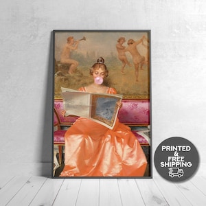 Lady Reading w/ Bubblegum, Eclectic Wall Art, Alter Art Print,Printed Wall Art,Altered Portrait,Bubblegum Art,Pink Print,Rococo Oil Painting